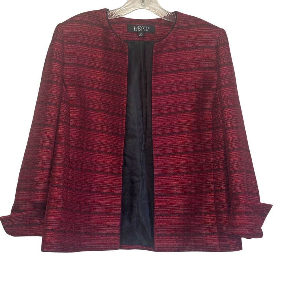 Kasper Women's Red Black Striped Collarless Open-Front Blazer Size 10